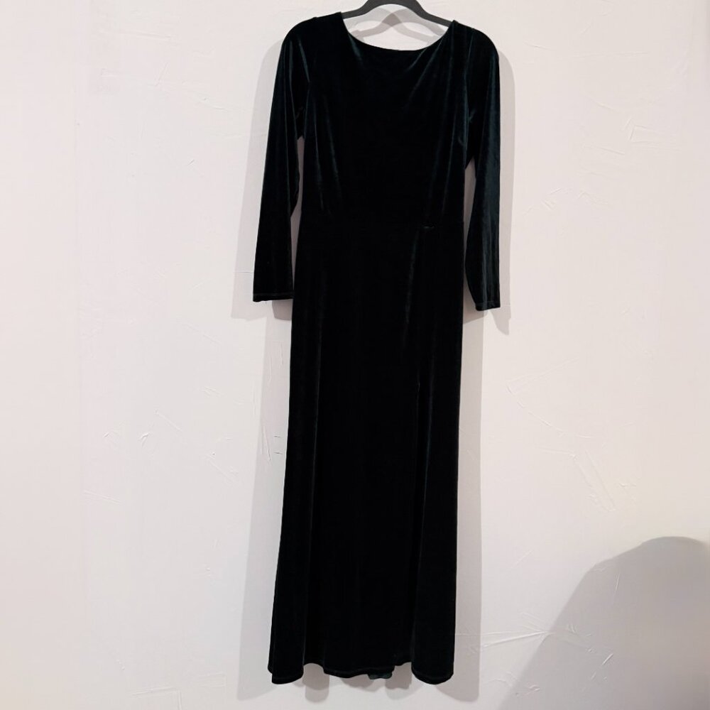 Elegant Green Velvet Dress with cowl drape back and slit, size 14